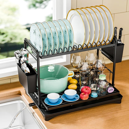 Dish Rack, Dish Drying Rack 2 Tier, Stainless Steel Dish Drainers with Utensil Holder and Drainboard for Kitchen Sink Organizers, 11.875" W X 16.625" D, Black1