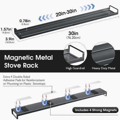 30" Adjustable Magnetic Stove Top Shelf, Matte Black | Expandable Spice Rack with Strong Magnetic Hold for Seasoning Storage and Kitchen Counter Organization3