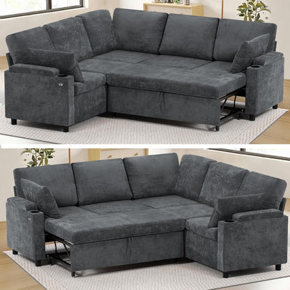 85" Chenille Sectional Sofa W/Pull Out Bed & Storage Space, Grey4