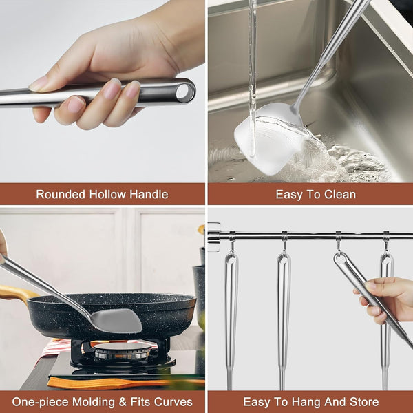 304 Stainless Steel Cooking Utensils Set, 10Pcs Long Metal Kitchen Utensils Set Come with Spoon, Potato Press, Spatula, Ladle, Skimmer, Turner, Pasta Server5