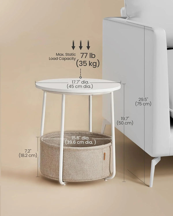 VASAGLE LILEA Collection - Small round Side End Table, Modern Nightstand with Fabric Basket, Matte White and Camel Brown ULET223W103
