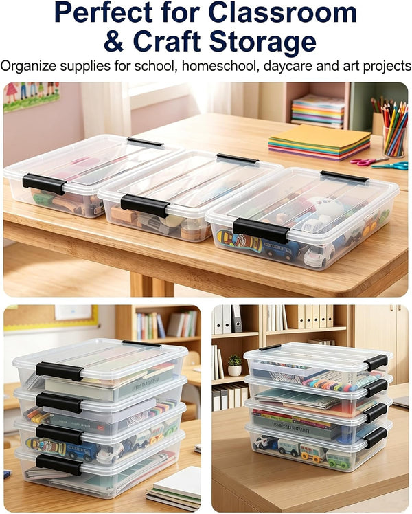 4 Pack Clear Storage Bins with Lids, Stackable A4 & US Letter File Box Organizers, Craft Storage Bins and Sensory Bins for Classroom, Kids Art Supplies, Documents and Projects, Black Latches4