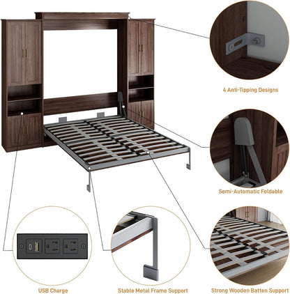 Queen Murphy Bed with 2 Side Cabinets, USB Port, Shelves, Walnut6