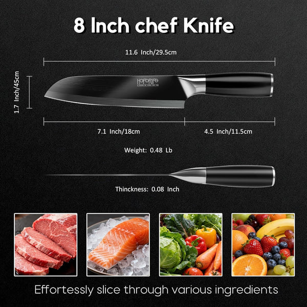 8"/20Cm Santoku Knife, Japanese Hand Forged Chefs Knife High Carbon Steel Core with Wood Ergonomic Handle, Gift Box & Knife Sheath (Black)3