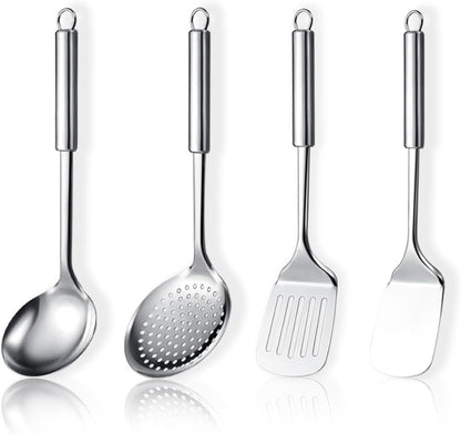 Stainless Steel Cooking Utensils Set 4 Pieces, Kitchen Tools Set Include Metal Spatula Set, Kitchen Skimmer, Soup Ladle, Kitchen Gadgets Essentials New Home Must Have1