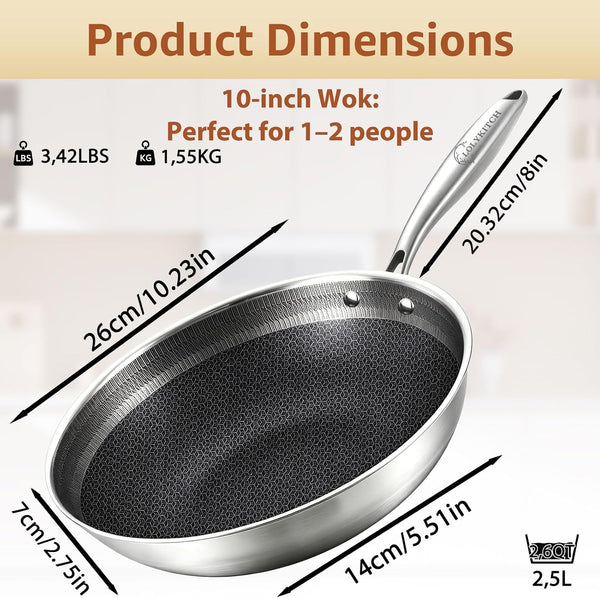 Hybird Nonstick Wok Pan with Lid | 10-Inch | Rivented Handle | Non Toxic | Tri-Ply Stainless Steel | Ceramic Coating | Stir Fry Pan | Induction Compatible | Dishwasher & Oven Safe2