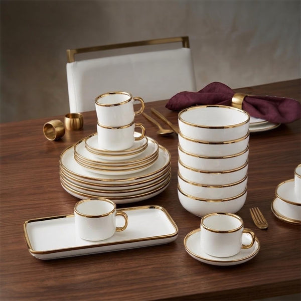 32-Piece Ceramic Dinnerware Set for 6, White Tableware Set with Gold Trim, Dinner Plates, Salad Plates, Bowls, Mugs & Rectangular Serving Platters for Everyday Dining, Home & Housewarming Gift7