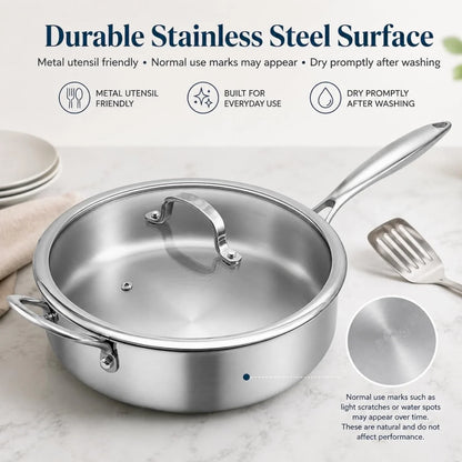 11 Inch Tri-Ply Stainless Steel Saute Pan with Glass Lid, 4.7 QT Deep Skillet for 3–4 Servings, 18/10 304 Interior, Induction Compatible, Oven & Dishwasher Safe8