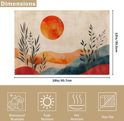 Boho Sunrise Abstract Sun Leaves Placemats Set of 6 Linen Table Mats, 12X18 Inch Washable Placemats for Dining Table, Non Slip Heat Resistant Mats for Kitchen Home Decor2