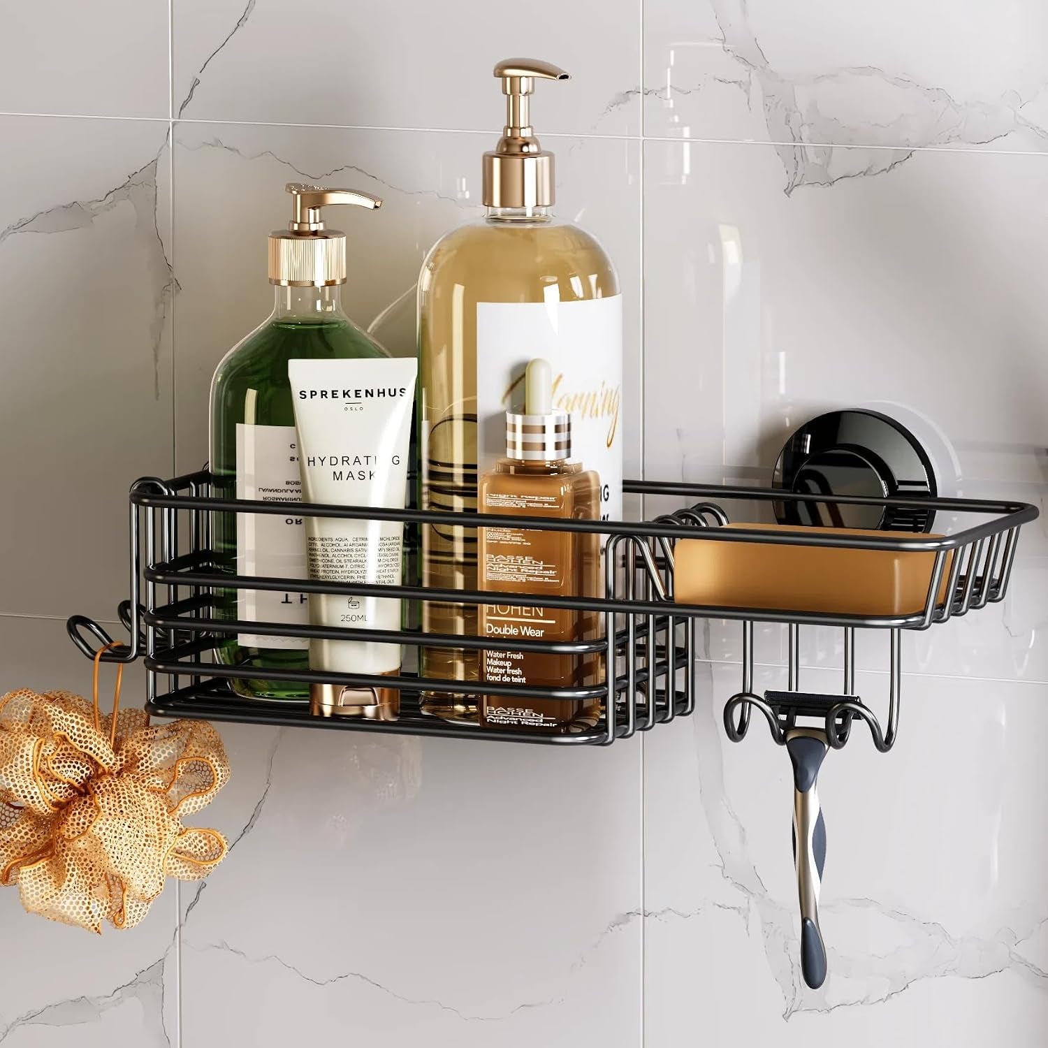 shower-caddy-suction-cup-with-hooks-and-soap-holder-black