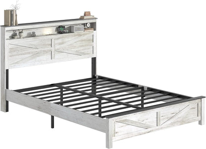 Full Size Bed Frame with LED Lights, USB Charging Station, Storage Headboard, Metal Platform, No Box Spring8