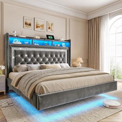 King Floating Bed Frame, Charging Station & LED Lights, Grey1