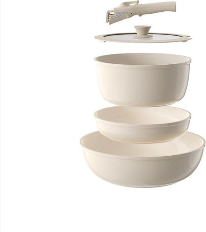 Pots and Pans Set Non Stick, Ceramic Cookware Set Detachable Handle, RV Camping Kitchen Cooking Set Removable Handles, Dishwasher/Oven/Fridge Safe, Induction, Space Saving，Cream White1