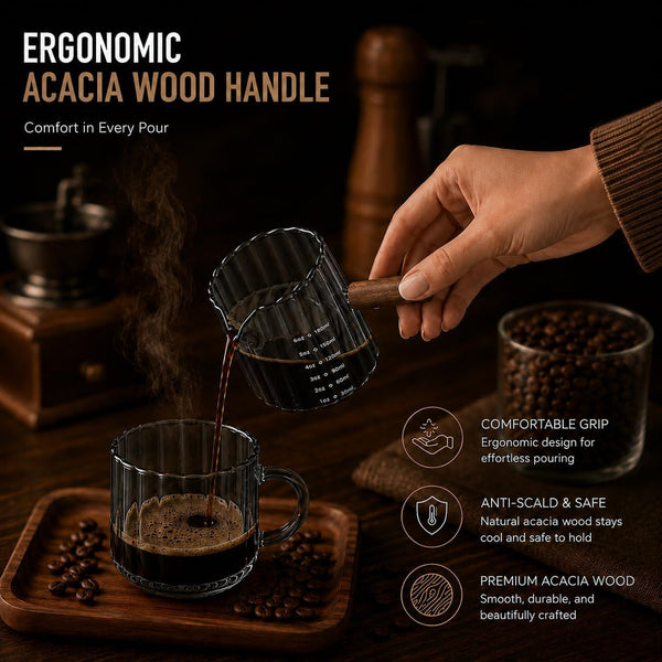2 Pack Espresso Shot Measuring Cups 6Oz, Clear & Grey Ribbed Glass Espresso Cups with Wood Handle, V-Shaped Spout, Oz/Ml Markings for Espresso, Milk Frothing, Latte and Coffee Bar3