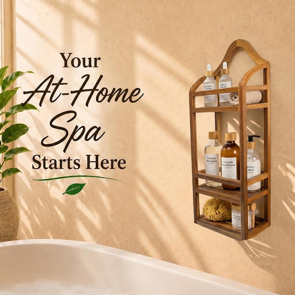 Wall Mount Teak Shower Caddy, Bathroom Organizer Shelf4