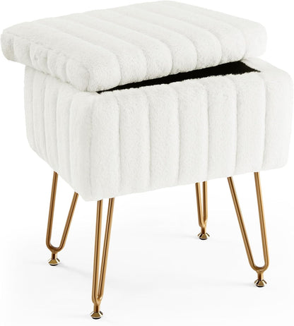 Vanity Stool Chair with Storage, Ottoman Faux Fur Soft Padded Makeup Footstools Seat with 4 Metal Legs Anti-Slip Adjustable Feet Modern Cute Small Footrest for Home Entryway Bedroom White1
