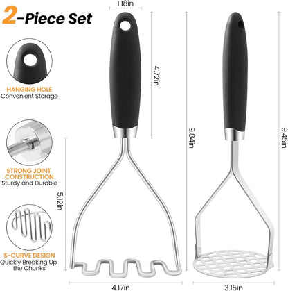 2Pcs Potato Masher Set with Silicone Handle, Premium Stainless Steel Potato Masher, Integrated & Wire Masher for Potatoes, Avocado, Vegetables and Baby Food2