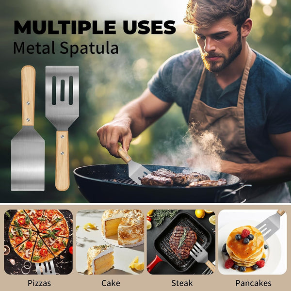 2PCS Stainless Steel Spatula,Wooden Handle Metal Spatula for Steak,Burgers4