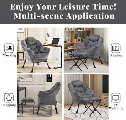 Lazy Chair with Ottoman, Comfy Reading Chair, Darkgrey | Cushioned Seat with Foldable Ottoman and Side Pocket, Lounge Chair for Bedroom, Living Room, Dorm and Small Spaces9