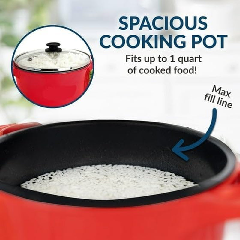 electric-mini-multi-cooker-pot-red-1-qt-ceramic-non-stick-rice-cooker-260w-with-glass-lid-measuring-cup-and-spatula