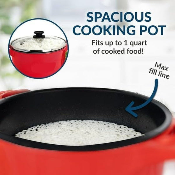 Electric Mini Multi-Cooker Pot, Red, 1 Qt Ceramic Non-Stick Rice Cooker, 260W with Glass Lid, Measuring Cup and Spatula4