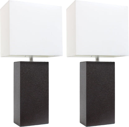 LC2000-BWN-2PK Modern Leather Table Lamps with White Fabric Shades, Espresso Brown1