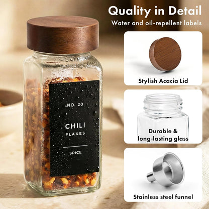 Glass Spice Jars with Label, 24X Acacia Wooden Lids - Black Labels9