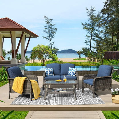 4-Piece Patio Furniture Set, Outdoor Wicker Sofa with Chairs Coffee Table, High Back Rattan Couch Loveseat with Comfy Cushions for Porch Yard Deck, Denim Blue9