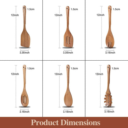 Wooden Cooking Utensils, 6 Pieces Natural Acacia Wooden Spoons for Cooking with Non Stick & Heat Resistant Design, Wooden Kitchen Utensil Set with Hanging Hole for Stirring, Mixing, Cooking7