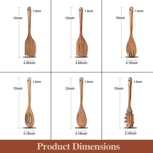 Wooden Cooking Utensils, 6 Pieces Natural Acacia Wooden Spoons for Cooking with Non Stick & Heat Resistant Design, Wooden Kitchen Utensil Set with Hanging Hole for Stirring, Mixing, Cooking7