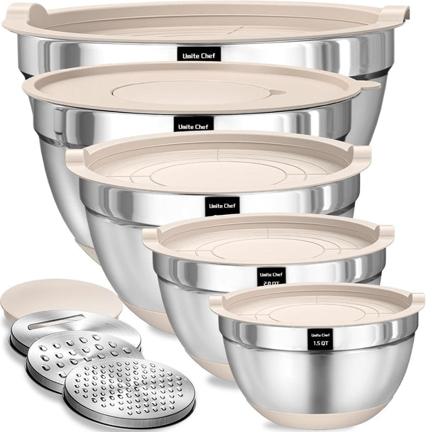 Mixing Bowls with Airtight Lids Set, 8PCS Stainless Steel Nesting Bowls with Grater Attachments, Non-Slip Bottoms, 5, 4, 3.5, 2, 1.5QT for Mixing & Serving1