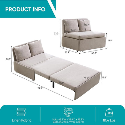 43" W Twin Size Pull Out Sleeper Sofa Bed Couch with Pullout Beds, 2 in 1 Convertible Linen Sleepers Single Sofas Chair with Pillows and Foldable Mattress for Small Space Apartment Loft, Beige3