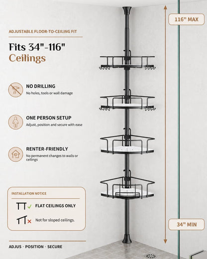 Two-Tone Corner Shower Caddy Tension Pole for Bath Shampoo Storage3