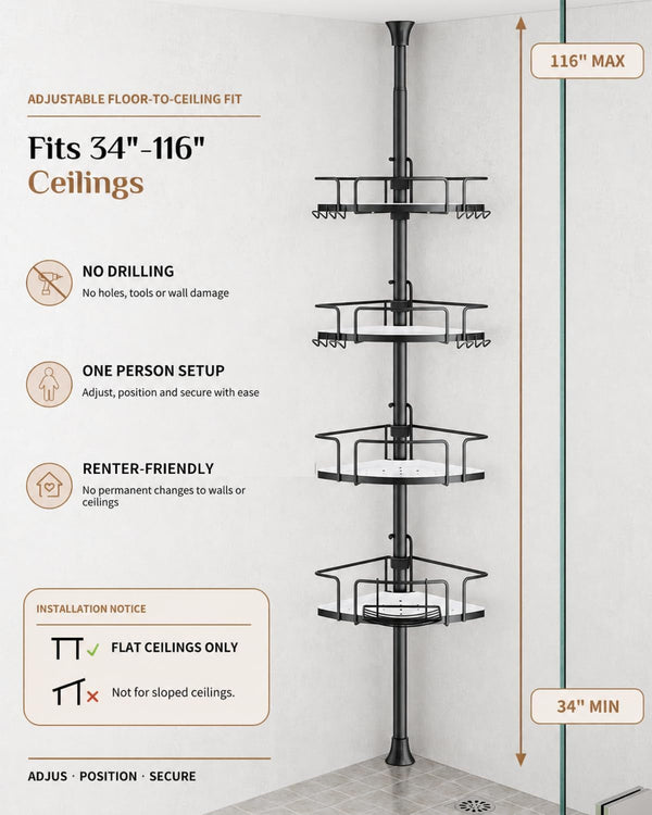 Two-Tone Corner Shower Caddy Tension Pole for Bath Shampoo Storage3