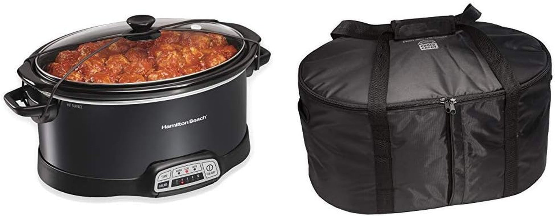 portable-7-quart-programmable-slow-cooker-with-lid-latch-strap-black-33474-travel-case-carrier-insulated-bag-for-4-5-6-7-8-quart-slow-cookers-33002-black