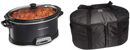 Portable 7-Quart Programmable Slow Cooker with Lid Latch Strap, Black (33474) &  Travel Case & Carrier Insulated Bag for 4, 5, 6, 7 & 8 Quart Slow Cookers (33002),Black1
