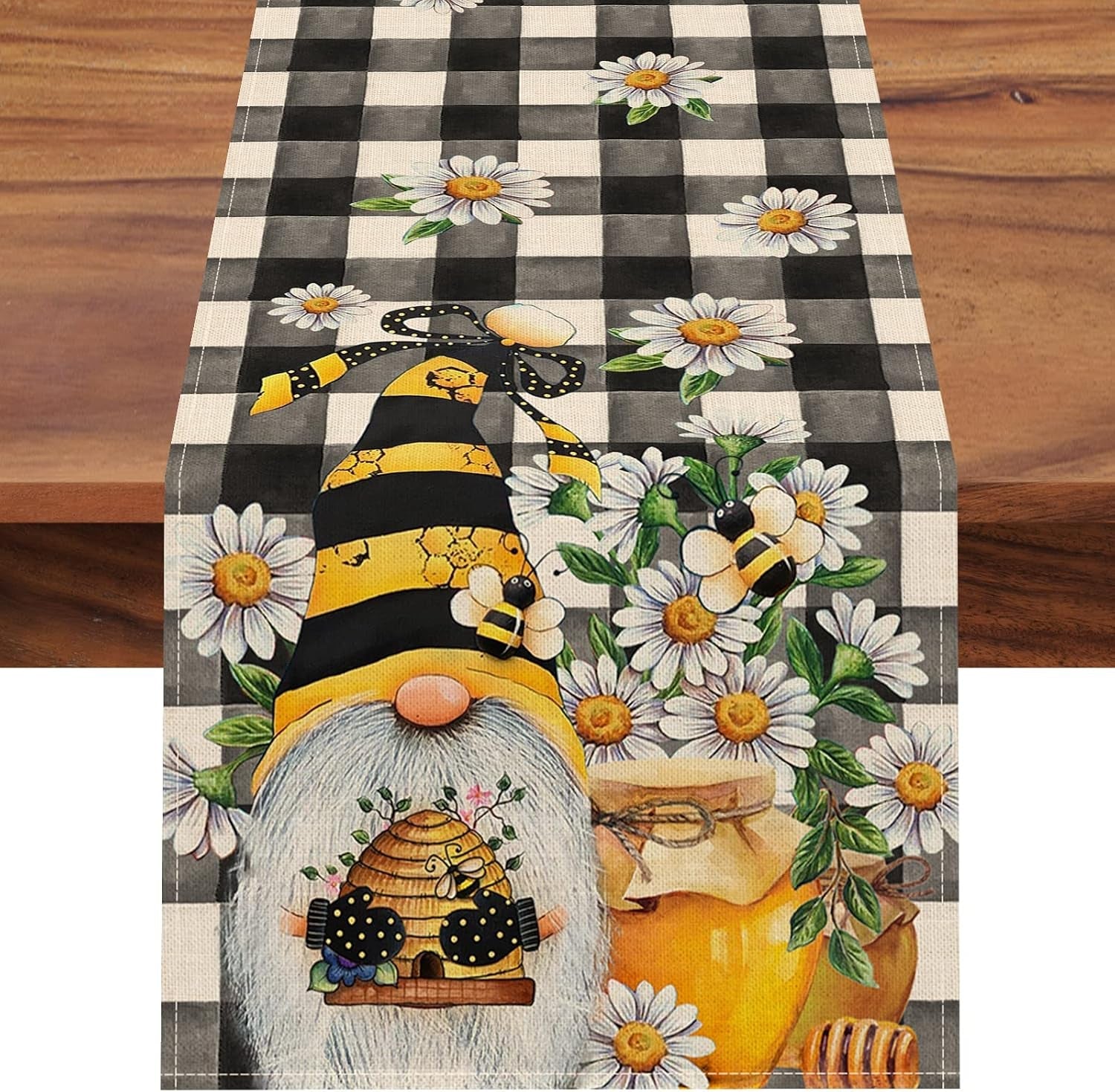 spring-bee-gnome-table-runner-honey-black-white-buffalo-plaid-check