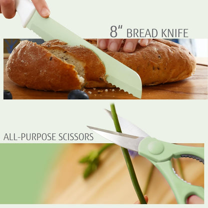 15 Pieces Green Kitchen Knife Set, Built-In Sharpening Wooden Block | Dishwasher Safe, High Carbon Stainless Steel, Includes Steak Knives & Kitchen Scissors6