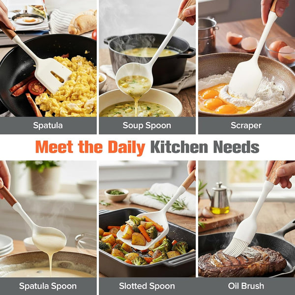 Silicone Cooking Utensils Set of 7, Wooden Handle (White)3