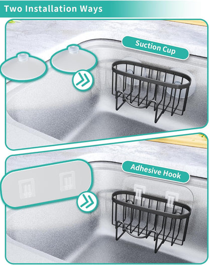Multifunctional Sponge Holder with Unique M-Shaped, 2 Installation Methods Kitchen Sink Caddy Organizer, Rustproof Stainless Steel Kitchen Organizers and Storage Essentials - Black4
