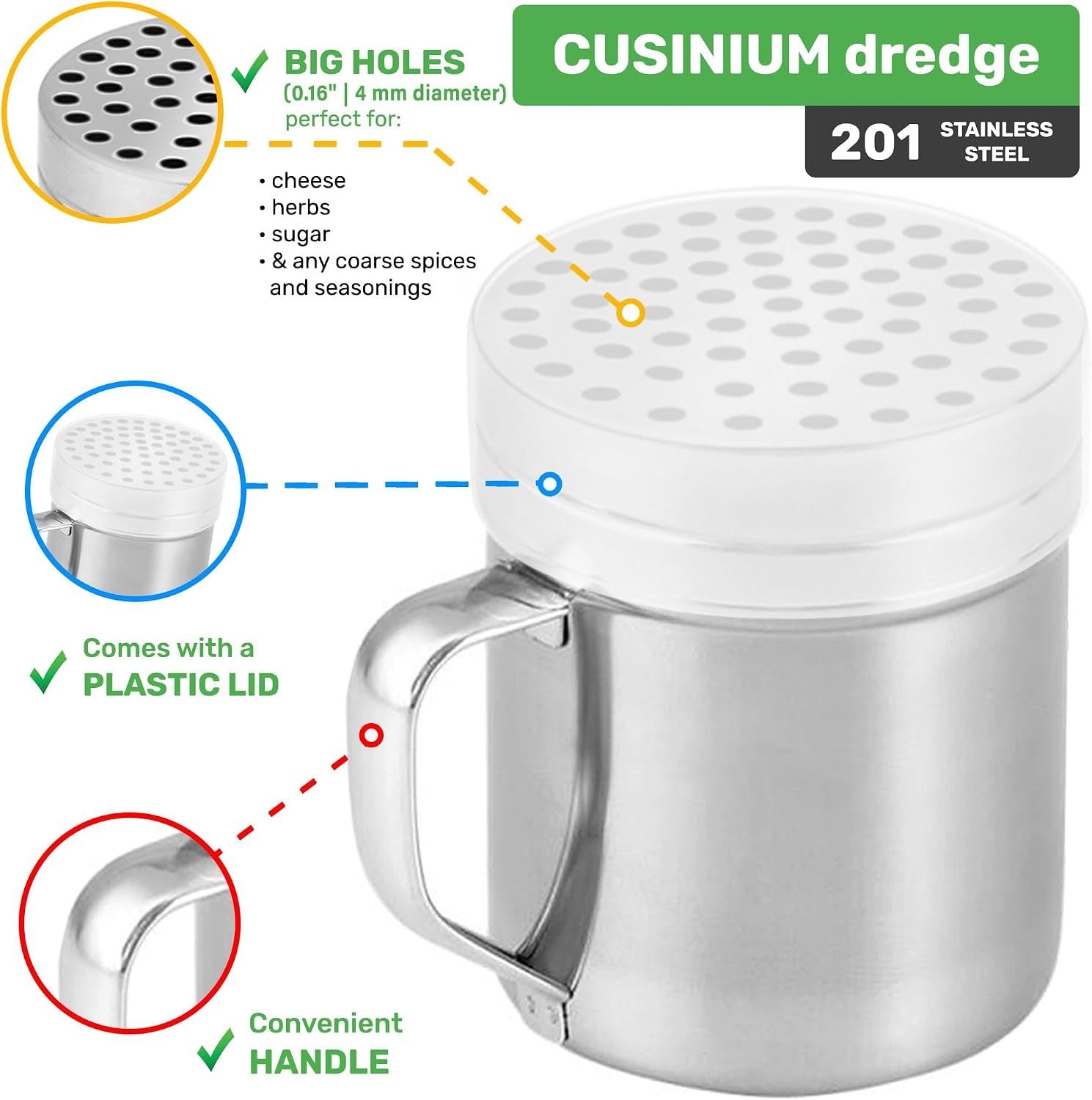 set-of-3-10oz-stainless-steel-dredges-with-handle-fine-mesh-medium-holes-large-holes-for-coarse-seasonings