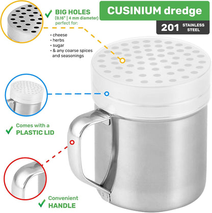 [Set of 3] 10Oz Stainless Steel Dredges with Handle - Fine Mesh + Medium Holes + Large Holes (For Coarse Seasonings)3