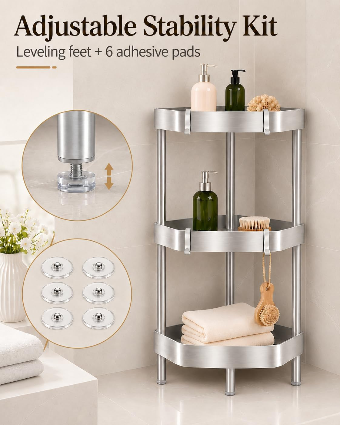3-tier-freestanding-aluminum-corner-shower-caddy-with-4-aluminum-hooks