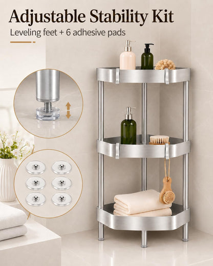3-Tier Freestanding Aluminum Corner Shower Caddy with 4 Aluminum Hooks6