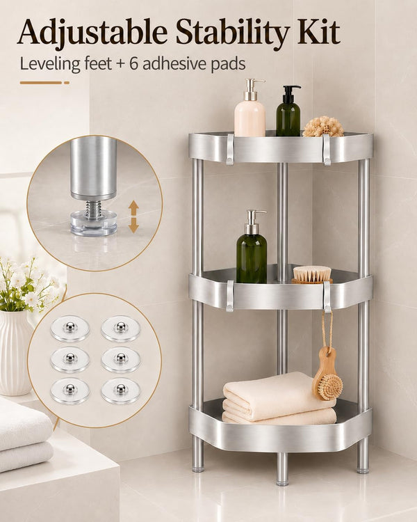 3-Tier Freestanding Aluminum Corner Shower Caddy with 4 Aluminum Hooks6