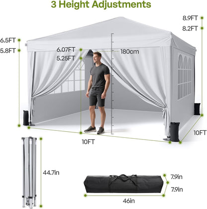 10X10 Pop up Canopy Tent with Sidewalls, Instant Setup,White | One-Push Frame, 4 Removable Sidewalls, Carry Bag Included for Parties, Camping, Beach, Backyard & Outdoor Events4