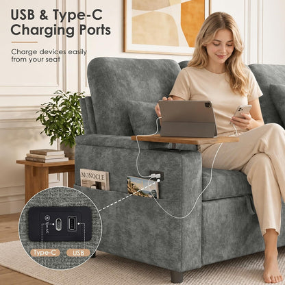 81'' Modular Sectional Sofa with Pull Out Bed, 5-Seater L Shaped Sleeper Sofa with Adjustable Backrest | Side Table | USB Charging Ports, Sectional Couches for Living Room(Chenille, Grey)6