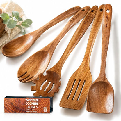 Wooden Spoons for Cooking, 5-Piece Acacia Wood Kitchen Utensil Set | for Nonstick Cookware, Salad Spoon, Spaghetti Spoon, Fork & Spatulas1
