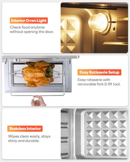 28QT Air Fryer Toaster Oven Combo, Large 12-In-1 Convection Countertop Oven with 3-Layer Cooking, Rotisserie for Chicken, 6 Heating Tubes, Fast Preheat, Fit 11" Pizza, All Accessories, Silver Red8