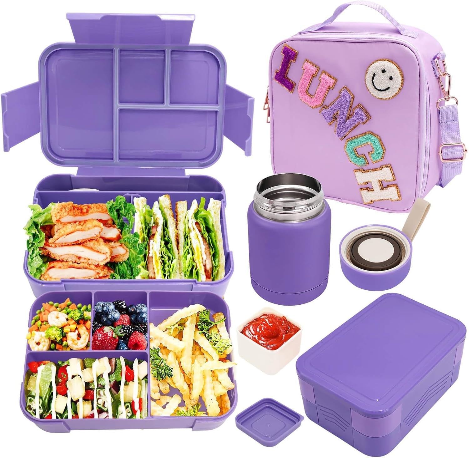 preppy-lunch-box-for-girls-with-10oz-thermo-with-6-compartment-bento-box-purple-nylon-insulated-lunch-bag-adjustable-strap-for-girl-kids-teens-school-travel-picnic